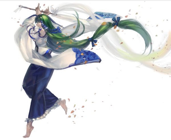 Anime picture 1469x1200 with touhou kochiya sanae kishiyo single fringe breasts simple background white background holding green eyes very long hair traditional clothes profile barefoot green hair running girl petals hair tubes snake