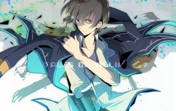 Anime picture 1200x759 with tales of (series) tales of xillia jude mathis nic (kevin) single looking at viewer fringe short hair brown hair brown eyes copyright name boy armor