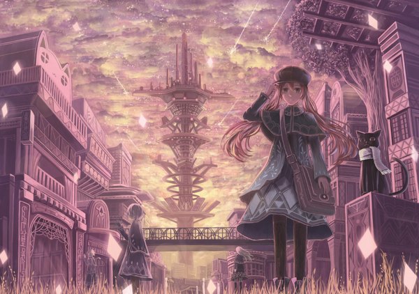Anime picture 1078x759 with original bounin long hair looking at viewer fringe short hair standing twintails multiple girls pink hair sky silver hair cloud (clouds) pink eyes back glowing girl dress 2 girls plant (plants)