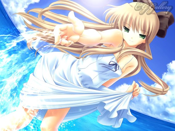 Anime picture 1200x900 with long hair looking at viewer blonde hair green eyes sky girl sea sundress