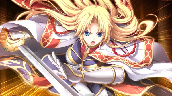 Anime picture 1280x720 with tenbin no la dea eushully single long hair looking at viewer open mouth blonde hair wide image game cg girl dress weapon sword armor