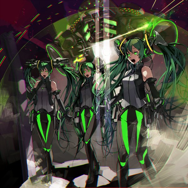 Anime picture 1485x1485 with vocaloid vocaloid append hatsune miku hatsune miku (append) shihou (g-o-s) long hair open mouth twintails bare shoulders green eyes very long hair singing multiple persona mechanical girl bracelet speakers