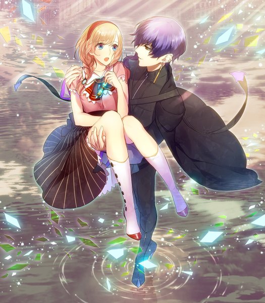 Anime picture 1225x1400 with chronostacia idea factory lucia (chronostacia) adam (chronostacia) tagme (artist) long hair tall image fringe short hair open mouth blue eyes yellow eyes game cg purple hair light smile sunlight scan orange hair couple piercing