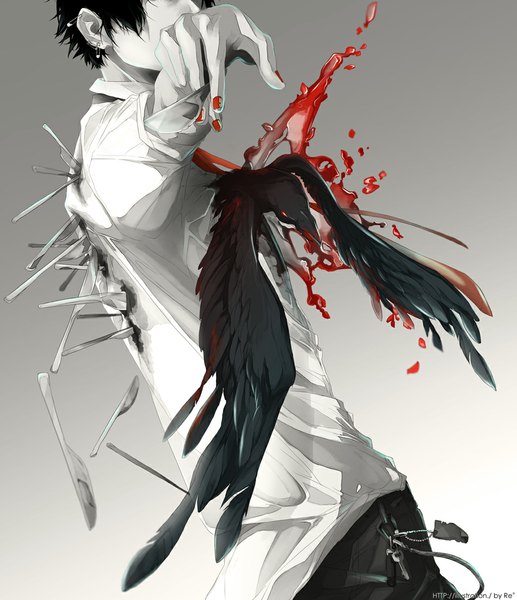 Anime picture 953x1107 with original re (artist) single tall image short hair black hair simple background nail polish red nail polish polychromatic boy earrings animal bird (birds) blood feather (feathers) knife fork key crow