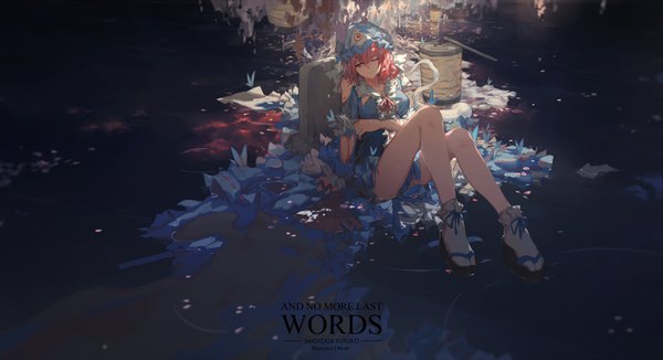 Anime picture 3120x1700 with touhou saigyouji yuyuko mivit single fringe highres short hair smile hair between eyes red eyes wide image signed looking away bent knee (knees) red hair one eye closed inscription bare legs tears text