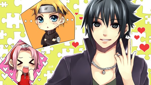 Anime picture 1200x675 with naruto studio pierrot naruto (series) uzumaki naruto uchiha sasuke haruno sakura arakunae blush short hair open mouth blue eyes black hair blonde hair smile wide image signed pink hair eyes closed grey eyes facial mark