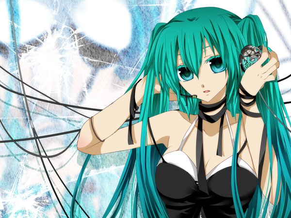 Anime picture 1600x1200 with vocaloid hatsune miku akatsuki yakyou single twintails very long hair aqua eyes aqua hair girl ribbon (ribbons) headphones