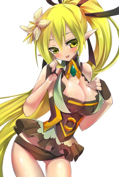 Anime picture 1181x1748 with elsword rena erindel tagme (artist) single long hair tall image blush breasts light erotic simple background blonde hair large breasts white background yellow eyes ponytail hair flower pointy ears elf frilly skirt girl