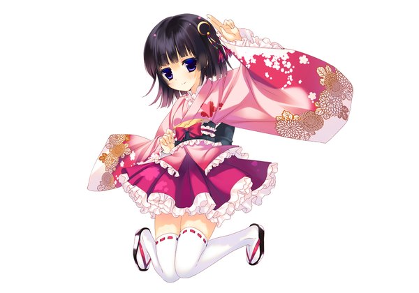 Anime picture 1000x700 with original arikawa satoru single short hair black hair simple background white background purple eyes japanese clothes lolita fashion wa lolita girl hair ornament frills kimono obi