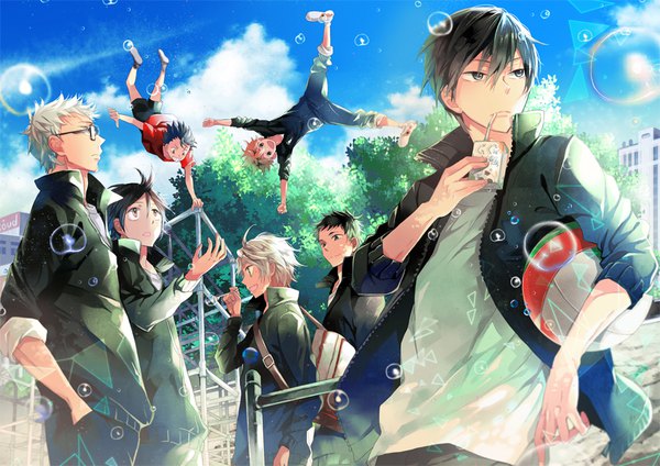 Anime picture 898x635 with haikyuu!! production i.g kageyama tobio hinata shouyou tsukishima kei nishinoya yuu sugawara koushi yamaguchi tadashi sawamura daichi hash (artist) fringe short hair open mouth black hair hair between eyes sky silver hair cloud (clouds) profile black eyes