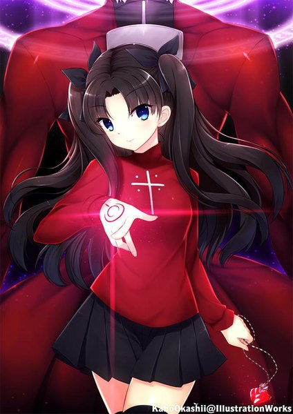 Anime picture 679x960 with fate (series) fate/stay night type-moon toosaka rin archer (fate) kaho okashii long hair tall image looking at viewer blush blue eyes black hair smile twintails pleated skirt tattoo girl thighhighs boy skirt