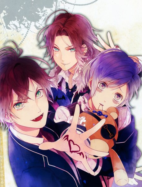 Anime picture 4272x5610 with diabolik lovers idea factory sakamaki ayato sakamaki kanato sakamaki raito tall image looking at viewer highres short hair open mouth smile purple eyes green eyes absurdres purple hair red hair multiple boys teeth siblings sharp teeth