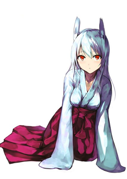 Anime picture 710x1000 with original iori (cpeilad) single long hair tall image looking at viewer blush simple background red eyes white background sitting animal ears white hair long sleeves traditional clothes japanese clothes girl hakama