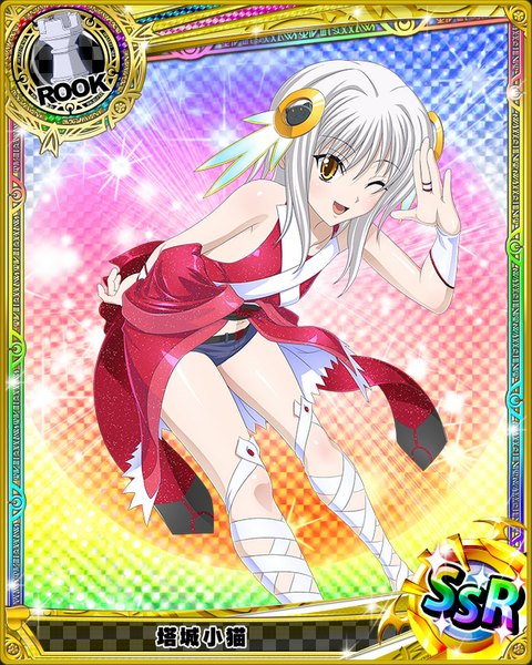 Anime picture 640x800 with highschool dxd toujou koneko single tall image looking at viewer short hair open mouth yellow eyes white hair one eye closed wink card (medium) girl dress hair ornament shorts short shorts