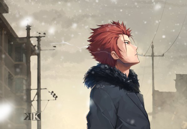 Anime picture 2979x2070 with k-project gohands (studio) mikoto suoh erkelee single highres short hair brown eyes looking away red hair snowing winter boy building (buildings) coat cigarette power lines