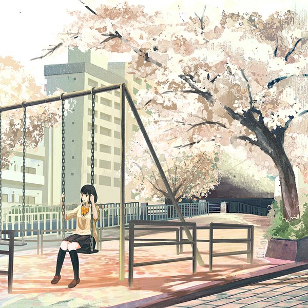 Anime picture 800x800 with original gemi single fringe short hair black hair sitting holding looking away outdoors pleated skirt black eyes shadow cherry blossoms spring girl skirt uniform plant (plants) school uniform