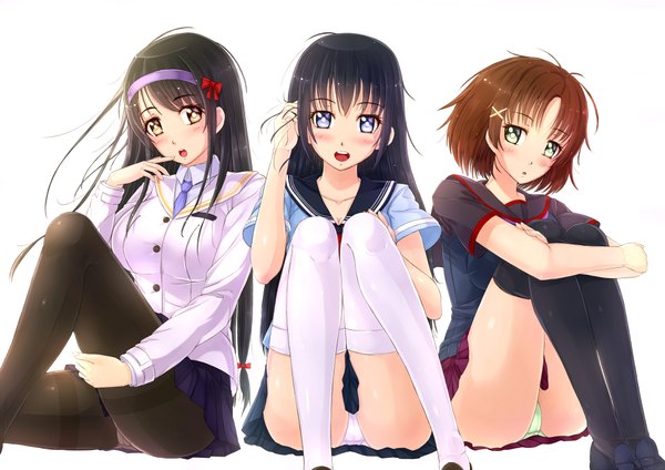 Anime picture 2046x1446 with original kazeno long hair highres short hair open mouth blue eyes light erotic black hair brown hair green eyes cameltoe pantyshot sitting thighhighs skirt uniform underwear panties black thighhighs school uniform