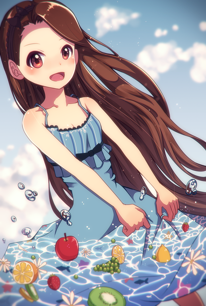 Anime picture 810x1200 with idolmaster minase iori shimashima single long hair tall image blush open mouth red eyes brown hair sky cloud (clouds) girl dress bow water food hairband sundress fruit