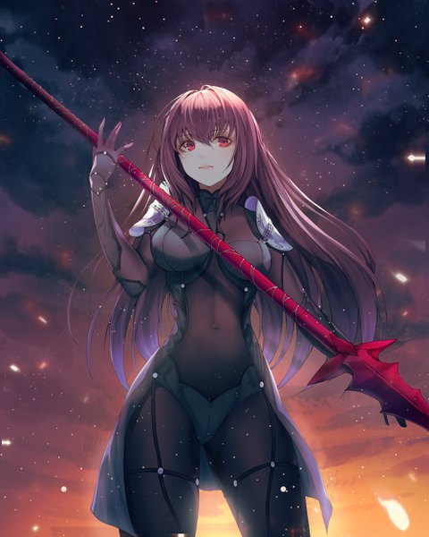 Anime picture 2000x2500 with fate (series) fate/grand order scathach (fate) (all) scathach (fate) minin982 single long hair tall image looking at viewer blush fringe highres breasts light erotic hair between eyes red eyes standing holding sky purple hair