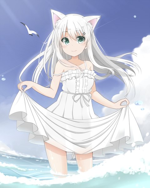Anime picture 1000x1250 with original cacao (chocolat) single long hair tall image looking at viewer blush fringe smile hair between eyes standing bare shoulders holding green eyes animal ears payot white hair wind cat ears bare legs