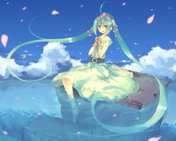 Anime picture 1000x800 with vocaloid hatsune miku single looking at viewer fringe open mouth sitting sky cloud (clouds) very long hair barefoot hair flower aqua eyes aqua hair bare legs alternate costume happy girl dress hair ornament