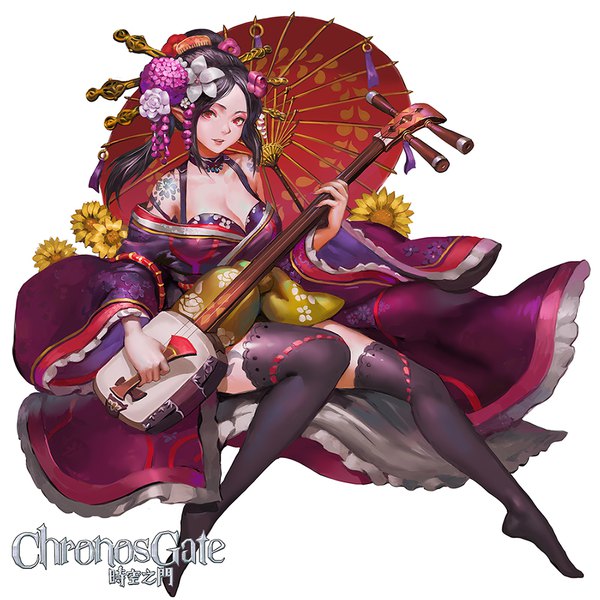 Anime picture 1000x1000 with chronos gate canking single long hair looking at viewer light erotic black hair simple background red eyes white background sitting bare shoulders holding signed payot full body bent knee (knees) nail polish traditional clothes parted lips