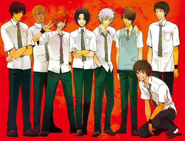 Anime picture 1200x918 with prince of tennis yukimura seiichi niou masaharu marui bunta yagyuu hiroshi kirihara akaya sanada genichiroh yanagi renji kuwahara jackal machi komachi long hair short hair black hair smile brown hair purple eyes brown eyes yellow eyes white hair ponytail