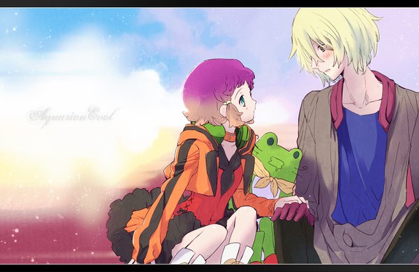 Anime picture 1588x1032 with aquarion (series) aquarion evol satelight jin musou yunoha thrul mooche (artist) blush short hair blonde hair sitting pink hair sky purple hair cloud (clouds) profile aqua eyes inscription grey eyes couple letterboxed