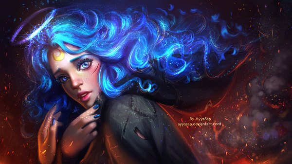 Anime picture 2000x1125 with ayyasap single long hair looking at viewer highres blue eyes wide image blue hair lips realistic facial mark scar freckles girl halo