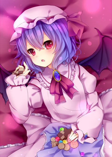 Anime picture 700x980 with touhou remilia scarlet nachi amashiro natsuki single tall image blush fringe short hair open mouth hair between eyes holding looking away purple hair lying pink eyes bat wings purple background girl dress