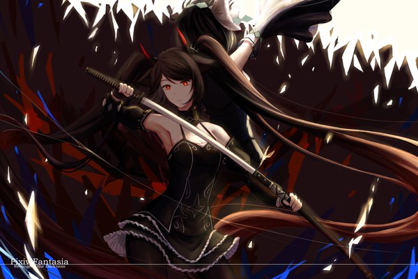 Anime picture 4200x2800 with original pixiv fantasia pixiv fantasia revenge of the darkness xing muhen highres short hair red eyes brown hair twintails multiple girls animal ears absurdres very long hair head tilt horn (horns) wide sleeves copyright name outstretched arm back to back unsheathing