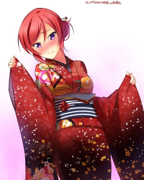 Anime picture 1240x1550 with love live! school idol project sunrise (studio) love live! nishikino maki yu-ta single tall image looking at viewer blush short hair simple background smile standing purple eyes pink hair long sleeves traditional clothes japanese clothes wide sleeves hair bun (hair buns)