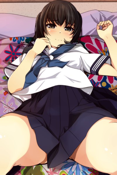 Anime picture 800x1200 with original matsunaga kouyou single long hair tall image looking at viewer blush light erotic black hair lying pleated skirt black eyes spread legs embarrassed floral print girl skirt uniform serafuku bed