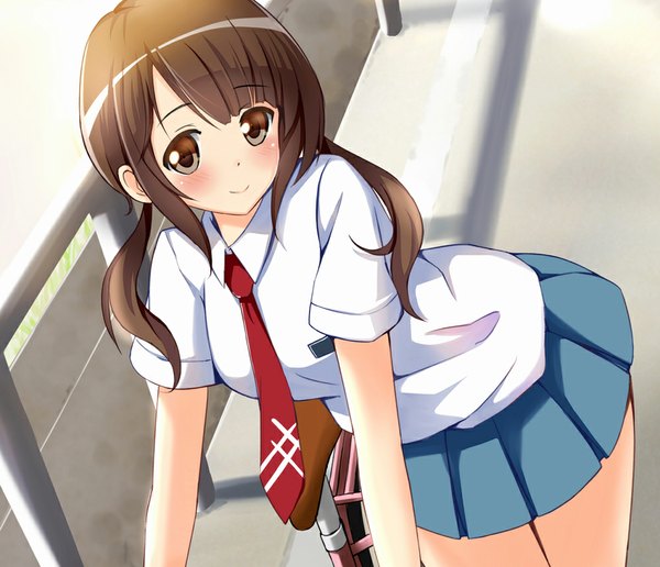 Anime picture 1000x861 with tari tari p.a. works okita sawa ok-ray single long hair blush black hair brown eyes girl skirt uniform school uniform miniskirt shirt necktie ground vehicle bicycle