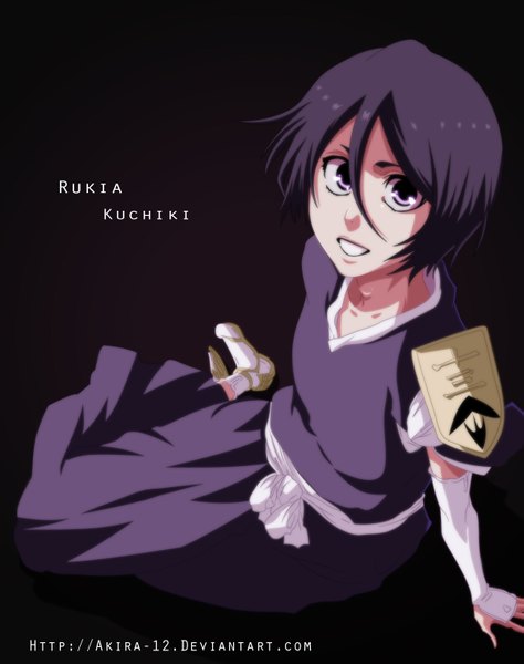Anime picture 1197x1515 with bleach studio pierrot kuchiki rukia akira-12 single tall image short hair black hair simple background smile traditional clothes japanese clothes pink eyes inscription coloring black background girl belt kimono