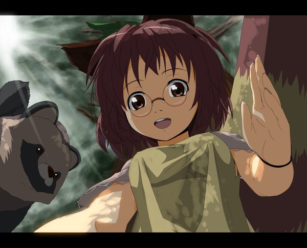 Anime picture 1754x1417 with touhou futatsuiwa mamizou sachishiro pengin highres short hair open mouth brown hair brown eyes animal ears girl animal glasses tanuki