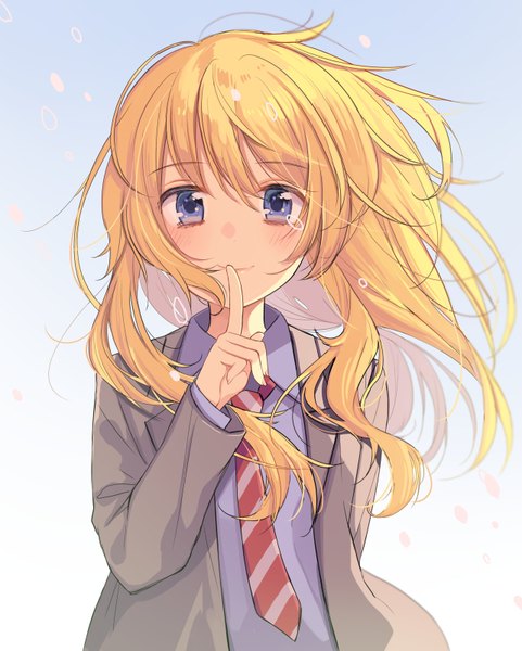 Anime picture 642x800 with shigatsu wa kimi no uso a-1 pictures miyazono kaori shigure ui single long hair tall image looking at viewer blush fringe blue eyes blonde hair simple background smile payot upper body wind lips tears gradient background