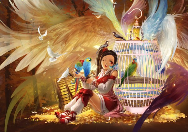 Anime picture 1415x1000 with original huazha01 long hair open mouth red eyes brown hair one eye closed wink girl dress detached sleeves animal wings bird (birds) feather (feathers) cage pigeon parrot