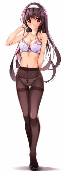 Anime picture 453x1200 with saenai heroine no sodatekata a-1 pictures kasumigaoka utaha yumemi (kiowa) single long hair tall image looking at viewer blush fringe breasts light erotic black hair simple background smile red eyes white background bare shoulders ahoge bare belly