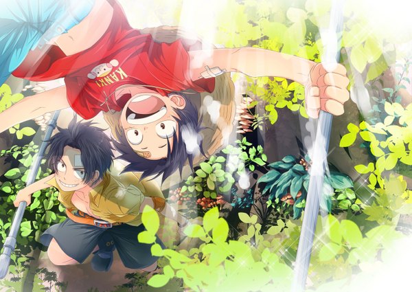 Anime picture 1444x1024 with one piece toei animation monkey d. luffy portgas d. ace nyuu men short hair open mouth black hair smile scar bandaid on face boy flower (flowers) plant (plants) hat shorts belt bandaid child (children) straw hat