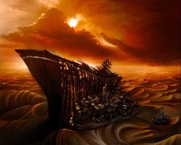 Anime picture 1280x1024 with alexiuss sky city evening sunset landscape ruins science fiction post-apocalyptic watercraft wave (waves) ship