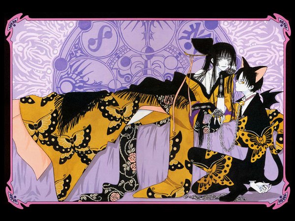 Anime picture 1024x768 with xxxholic clamp ichihara yuuko watanuki kimihiro tail cat girl couple animal print jpeg artifacts butterfly print girl bell collar