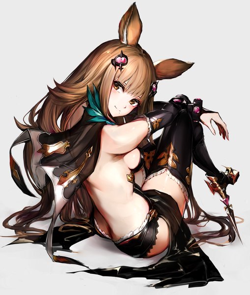 Anime picture 1440x1698 with granblue fantasy metera (granblue fantasy) watao single tall image looking at viewer blush fringe breasts light erotic simple background brown hair sitting brown eyes animal ears full body bent knee (knees) head tilt looking back from behind
