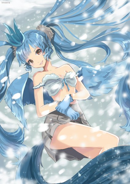 Anime picture 743x1051 with pokemon nintendo articuno sera (kpj11) single long hair tall image looking at viewer fringe smile twintails bare shoulders brown eyes blue hair tail pleated skirt bare legs bare belly snowing gen 1 pokemon