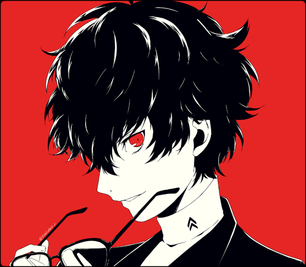 Anime picture 800x701 with persona 5 persona amamiya ren kawasemi sumika single looking at viewer fringe short hair simple background hair between eyes red eyes profile monochrome face red background eyewear removed boy glasses turtleneck