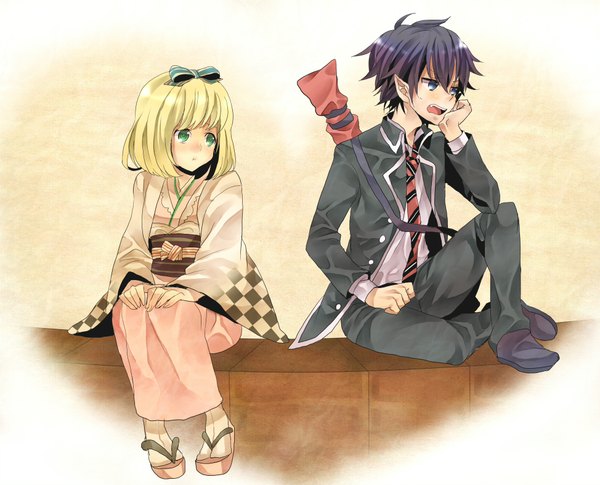 Anime picture 1948x1576 with ao no exorcist a-1 pictures okumura rin moriyama shiemi tankensya blush highres short hair open mouth blue eyes black hair blonde hair green eyes traditional clothes japanese clothes pointy ears teeth fang (fangs) girl boy