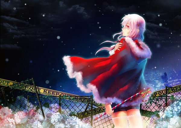 Anime picture 1920x1359 with guilty crown production i.g yuzuriha inori stells single long hair highres red eyes wide image pink hair cloud (clouds) profile looking back night night sky snowing christmas winter girl thighhighs