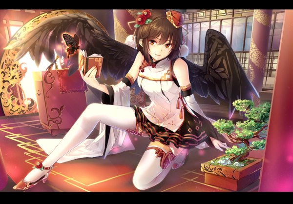 Anime picture 1615x1126 with touhou shameimaru aya cibo (killy) single looking at viewer short hair black hair smile red eyes girl thighhighs dress flower (flowers) plant (plants) hat white thighhighs wings tree (trees) book (books) insect