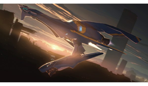 Anime picture 1821x1063 with highres wide image city evening sunset science fiction building (buildings) mecha aircraft airplane