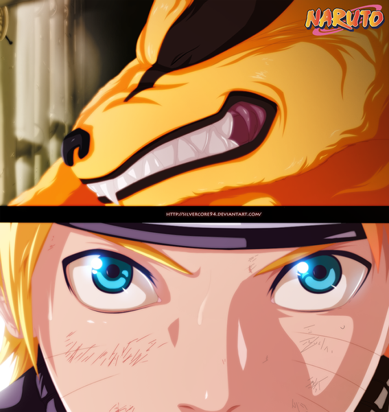 Anime picture 1211x1280 with naruto studio pierrot naruto (series) uzumaki naruto kurama (kyuubi) silvercore94 tall image short hair blonde hair eyes closed profile aqua eyes inscription teeth grin coloring facial mark light close-up face